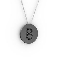 B Baş Harf Kolye - Siyah zirkon 925 ayar siyah rodyum kaplama gümüş kolye (40 cm beyaz altın rolo zincir) #pk0ytz