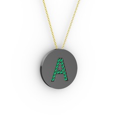A Baş Harf Kolye - Yeşil kuvars 925 ayar siyah rodyum kaplama gümüş kolye (40 cm altın rolo zincir) #16whm8l