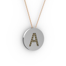 A Baş Harf Kolye - Dumanlı kuvars 925 ayar gümüş kolye (40 cm rose altın rolo zincir) #1ara5b5
