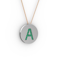 A Baş Harf Kolye - Yeşil kuvars 8 ayar beyaz altın kolye (40 cm gümüş rolo zincir) #1qrrtlk