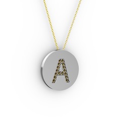 A Baş Harf Kolye - Dumanlı kuvars 8 ayar beyaz altın kolye (40 cm altın rolo zincir) #79pae6