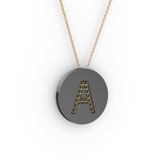 A Baş Harf Kolye - Dumanlı kuvars 925 ayar siyah rodyum kaplama gümüş kolye (40 cm rose altın rolo zincir) #lu1ht0