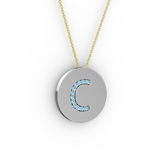 C Baş Harf Kolye - Akuamarin 8 ayar beyaz altın kolye (40 cm gümüş rolo zincir) #14ynlww