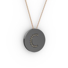 C Baş Harf Kolye - Dumanlı kuvars 925 ayar siyah rodyum kaplama gümüş kolye (40 cm rose altın rolo zincir) #17uja8m