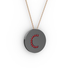C Baş Harf Kolye - Garnet 925 ayar siyah rodyum kaplama gümüş kolye (40 cm rose altın rolo zincir) #17v66ti