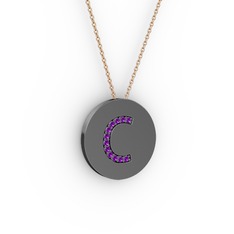 C Baş Harf Kolye - Ametist 925 ayar siyah rodyum kaplama gümüş kolye (40 cm rose altın rolo zincir) #1accdez