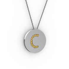 C Baş Harf Kolye - Sitrin 14 ayar beyaz altın kolye (40 cm gümüş rolo zincir) #1cq8xn2