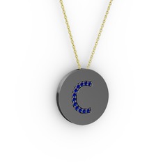 C Baş Harf Kolye - Lab safir 925 ayar siyah rodyum kaplama gümüş kolye (40 cm altın rolo zincir) #1mhv48z