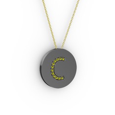 C Baş Harf Kolye - Peridot 925 ayar siyah rodyum kaplama gümüş kolye (40 cm altın rolo zincir) #1om20da