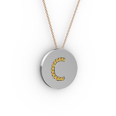 C Baş Harf Kolye - Sitrin 8 ayar beyaz altın kolye (40 cm rose altın rolo zincir) #1p5o2jc