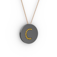 C Baş Harf Kolye - Sitrin 925 ayar siyah rodyum kaplama gümüş kolye (40 cm rose altın rolo zincir) #1qdqeaj