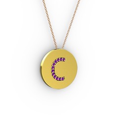 C Baş Harf Kolye - Ametist 18 ayar altın kolye (40 cm gümüş rolo zincir) #1tu0nry