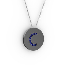 C Baş Harf Kolye - Lab safir 925 ayar siyah rodyum kaplama gümüş kolye (40 cm gümüş rolo zincir) #1u81cat