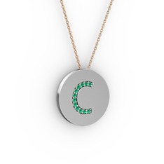 C Baş Harf Kolye - Yeşil kuvars 18 ayar beyaz altın kolye (40 cm rose altın rolo zincir) #1vj9gon