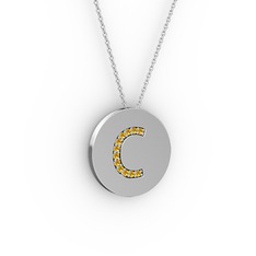 C Baş Harf Kolye - Sitrin 14 ayar beyaz altın kolye (40 cm beyaz altın rolo zincir) #7f9kwb