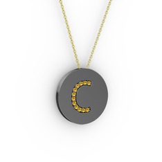 C Baş Harf Kolye - Sitrin 925 ayar siyah rodyum kaplama gümüş kolye (40 cm altın rolo zincir) #8tdx