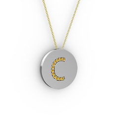 C Baş Harf Kolye - Sitrin 18 ayar beyaz altın kolye (40 cm altın rolo zincir) #e9581f