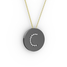 C Baş Harf Kolye - Beyaz zirkon 925 ayar siyah rodyum kaplama gümüş kolye (40 cm altın rolo zincir) #ermhbs