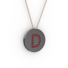 D Baş Harf Kolye - Garnet 925 ayar siyah rodyum kaplama gümüş kolye (40 cm rose altın rolo zincir) #1n7ph0n
