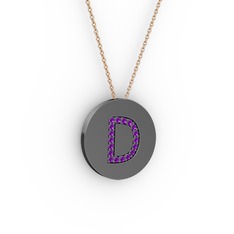 D Baş Harf Kolye - Ametist 925 ayar siyah rodyum kaplama gümüş kolye (40 cm gümüş rolo zincir) #g0ymmy