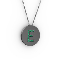 E Baş Harf Kolye - Yeşil kuvars 925 ayar siyah rodyum kaplama gümüş kolye (40 cm gümüş rolo zincir) #13azsfn