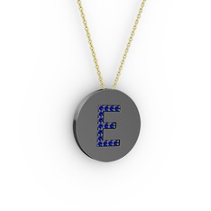 E Baş Harf Kolye - Lab safir 925 ayar siyah rodyum kaplama gümüş kolye (40 cm altın rolo zincir) #18kx8he