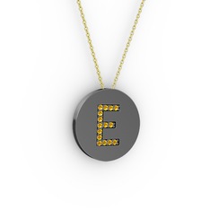 E Baş Harf Kolye - Sitrin 925 ayar siyah rodyum kaplama gümüş kolye (40 cm altın rolo zincir) #pdlkzg