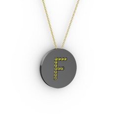 F Baş Harf Kolye - Peridot 925 ayar siyah rodyum kaplama gümüş kolye (40 cm altın rolo zincir) #148vhud