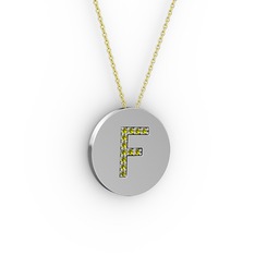 F Baş Harf Kolye - Peridot 14 ayar beyaz altın kolye (40 cm altın rolo zincir) #1bi9sax