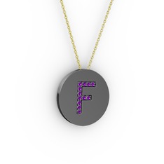 F Baş Harf Kolye - Ametist 925 ayar siyah rodyum kaplama gümüş kolye (40 cm altın rolo zincir) #1ccojvs