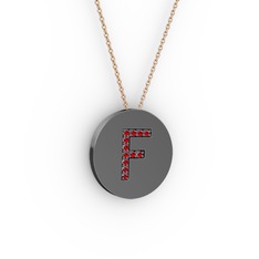 F Baş Harf Kolye - Garnet 925 ayar siyah rodyum kaplama gümüş kolye (40 cm rose altın rolo zincir) #1rbucef