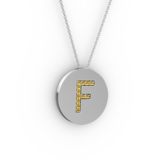 F Baş Harf Kolye - Sitrin 14 ayar beyaz altın kolye (40 cm beyaz altın rolo zincir) #1sg2enc