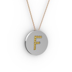 F Baş Harf Kolye - Sitrin 18 ayar beyaz altın kolye (40 cm rose altın rolo zincir) #1vhg34l