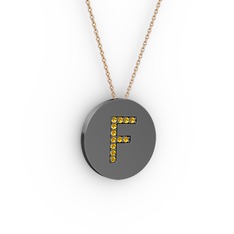 F Baş Harf Kolye - Sitrin 925 ayar siyah rodyum kaplama gümüş kolye (40 cm gümüş rolo zincir) #q77z2b