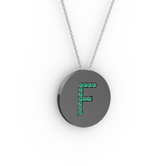 F Baş Harf Kolye - Yeşil kuvars 925 ayar siyah rodyum kaplama gümüş kolye (40 cm beyaz altın rolo zincir) #q9mfd6