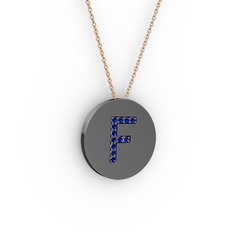 F Baş Harf Kolye - Lab safir 925 ayar siyah rodyum kaplama gümüş kolye (40 cm rose altın rolo zincir) #xpbtw6