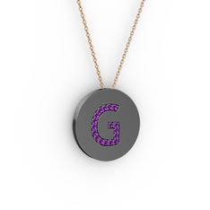 G Baş Harf Kolye - Ametist 925 ayar siyah rodyum kaplama gümüş kolye (40 cm rose altın rolo zincir) #16hj5xc
