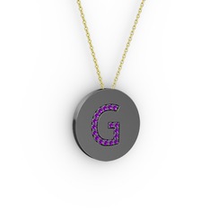 G Baş Harf Kolye - Ametist 925 ayar siyah rodyum kaplama gümüş kolye (40 cm altın rolo zincir) #17john2