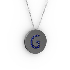 G Baş Harf Kolye - Lab safir 925 ayar siyah rodyum kaplama gümüş kolye (40 cm beyaz altın rolo zincir) #1925h85