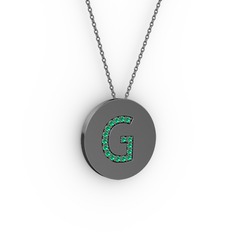 G Baş Harf Kolye - Yeşil kuvars 925 ayar siyah rodyum kaplama gümüş kolye (40 cm gümüş rolo zincir) #1ns3td8