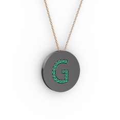 G Baş Harf Kolye - Yeşil kuvars 925 ayar siyah rodyum kaplama gümüş kolye (40 cm rose altın rolo zincir) #1yi5z1m