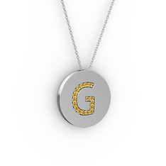 G Baş Harf Kolye - Sitrin 8 ayar beyaz altın kolye (40 cm beyaz altın rolo zincir) #zj4k76