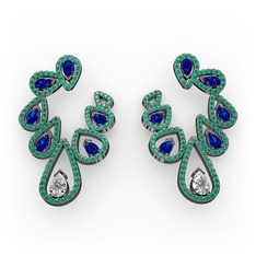 Swarovski, lab safir ve yeşil kuvars 925 ayar siyah rodyum kaplama gümüş küpe