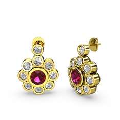 Elmas Çiçek Küpe - Swarovski ve rodolit garnet 8 ayar altın küpe #1pxtzk6