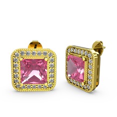 Esinti Kare Küpe - Pembe kuvars ve swarovski 8 ayar altın küpe #1em318z