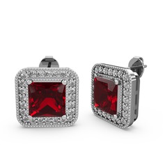 Garnet ve pırlanta 8 ayar beyaz altın küpe (0.528 karat)