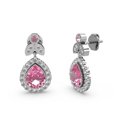 Pembe kuvars ve swarovski 18 ayar beyaz altın küpe