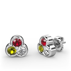 Mini Tria Küpe - Garnet, peridot ve pırlanta 14 ayar beyaz altın küpe (0.22 karat) #cdqjbl