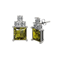 Areli Kare Küpe - Peridot ve swarovski 8 ayar beyaz altın küpe #1ro38v8