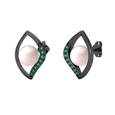 İnci Göz Küpe - Pembe inci ve yeşil kuvars 925 ayar siyah rodyum kaplama gümüş küpe #gm848h
